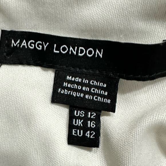 Maggy London Sheath Midi Dress Women's 12 Ivory Glitter Asymmetric Neck Slit - Picture 7 of 8